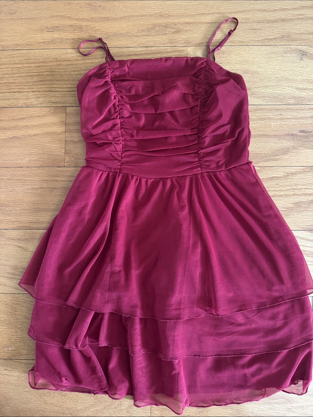 Emerald Sundae Raspberry Pink Spaghetti Strap Tiered Mini Dress